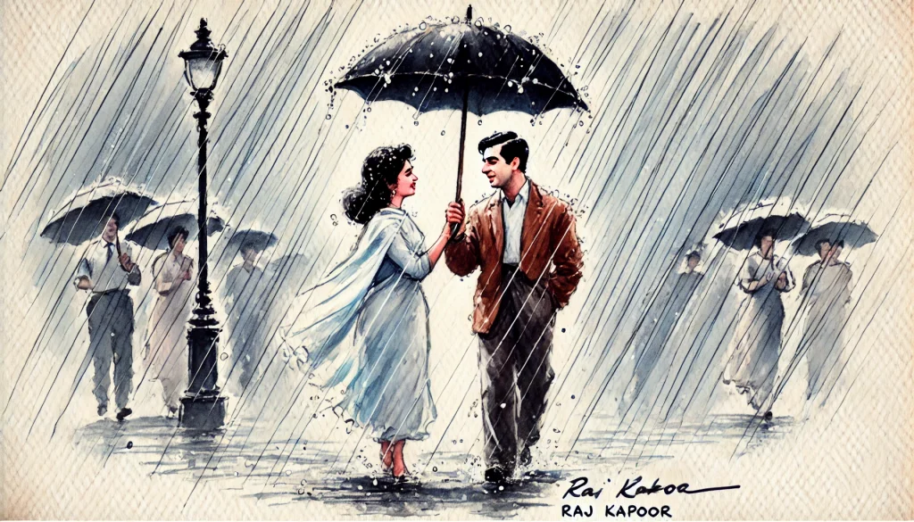 DALL·E 2024 06 20 13.47.01 A watercolor sketch capturing the iconic scene from Shree 420 where Raj Kapoor and Nargis share an umbrella. They are walking together their love s A Monsoon Affair: Hot Chai and a Rain Waltz - 2 Unforgettable Warm Memories