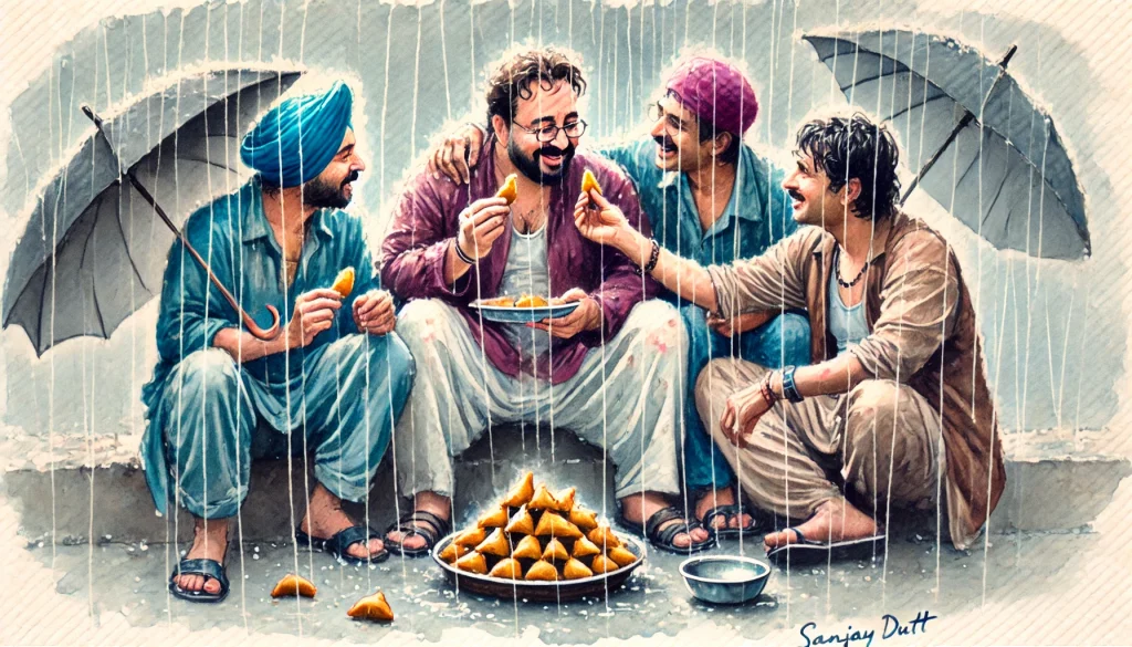 DALL·E 2024 06 20 13.50.00 A watercolor sketch capturing a scene from Munna Bhai M.B.B.S. where Sanjay Dutts character Munna shares samosas with his gang in the rain. The s A Monsoon Affair: Hot Chai and a Rain Waltz - 2 Unforgettable Warm Memories