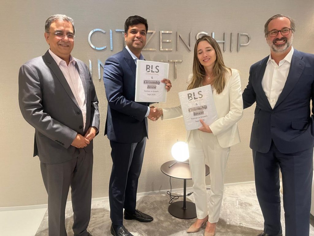 BLS International signs Definitive Agreement to Acquire 100% Stake in Citizenship Invest (CI) - 
(L to R - Mr. Amit Sudhakar CFO, BLS International, Shikhar Aggarwal-JMD, BLS International, Ms. Veronica Cotdemiey Director and sole shareholder, CI, Inigo De Luna, CEO, CI)