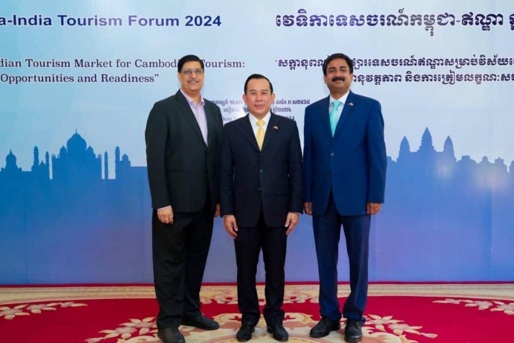 Mr. Rajeev Nangia, COO, TRAC Representations; H.E. Mr. HUOT Hak, Minister of Tourism, Kingdom of Cambodia; Mr. Vijay Shankar Prasad, Second Secretary of Embassy of India, Phnom Penh, Cambodia, Cambodia-India Tourism Forum 2024